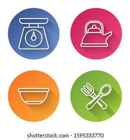 Set line Scales , Kettle with handle , Bowl  and Crossed fork and spoon . Color circle button. Vector