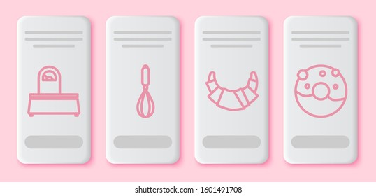 Set line Scales , Kitchen whisk , Croissant  and Donut with sweet glaze . White rectangle button. Vector