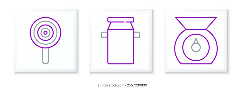 Set line Scales, Lollipop and Can container for milk icon. Vector