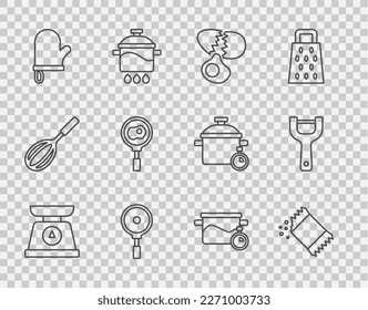 Set line Scales, Packet of pepper, Broken egg, Frying pan, Oven glove, Fried eggs on frying, Cooking pot and Vegetable peeler icon. Vector