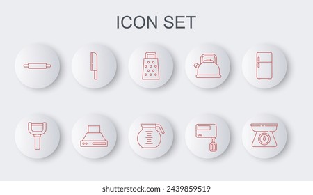 Set line Scales, Peeler, Grater, Electric mixer, Rolling pin, Knife, Kitchen extractor fan and Coffee pot icon. Vector