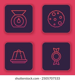 Set line Scales, Pudding custard, Cookie or biscuit and Candy. Blue square button. Vector
