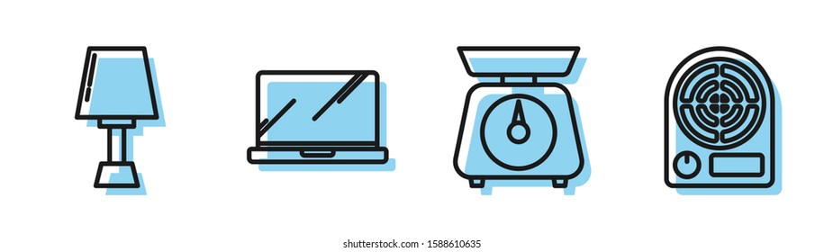 Set line Scales , Table lamp , Laptop  and Electric heater  icon. Vector