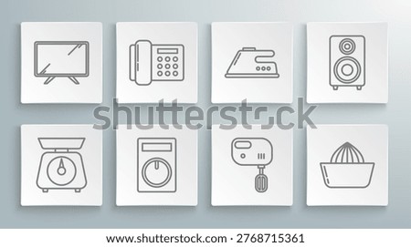Set line Scales, Telephone, Remote control, Electric mixer, Citrus fruit juicer, iron, Stereo speaker and Smart Tv icon. Vector