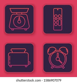 Set line Scales , Toaster with toasts , Remote control  and Alarm clock . Blue square button. Vector