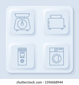 Set line Scales , Toaster with toasts , Remote control and Washer . White square button. Vector