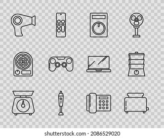 Set line Scales, Toaster with toasts, Remote control, Blender, Hair dryer, Gamepad, Telephone and Double boiler icon. Vector