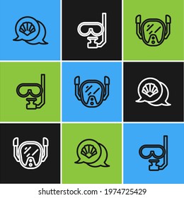 Set line Scallop sea shell, Diving mask and and snorkel icon. Vector