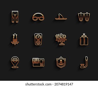 Set line Scallop sea shell, Action camera, Wetsuit, Anchor inside shield, Snorkel, Gauge scale, Aqualung and Coral icon. Vector