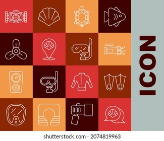 Set line Scallop sea shell, Rubber flippers, Flashlight, Turtle, Boat propeller, turbine, Photo camera and Diving mask and snorkel icon. Vector