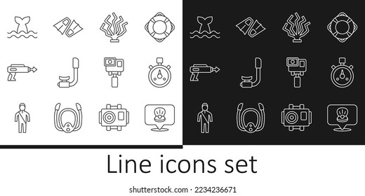 Fijar línea Concha de mar de vieira, Stopwatch, Coral, Snorkel, Arpón de pesca, cola de ballena, cámara extrema de acción y Flippers para icono de natación. Vector