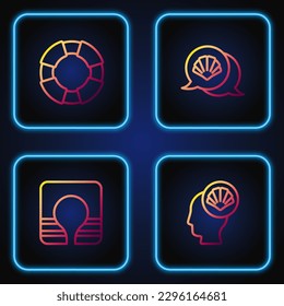 Set line Scallop sea shell, Life jacket, Lifebuoy and . Gradient color icons. Vector