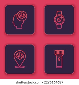 Set line Scallop sea shell, , Compass and Flashlight. Blue square button. Vector