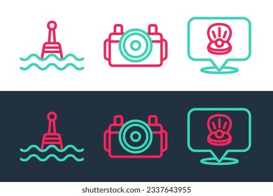 Set line Scallop sea shell, Floating buoy and Photo camera for diver icon. Vector