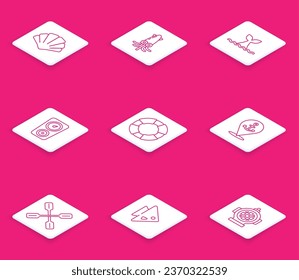 Set line Scallop sea shell, Octopus, Whale tail in ocean wave, Gauge scale, Lifebuoy, Location with anchor, Paddle and Fish icon. Vector