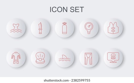 Set line Scallop sea shell, Wetsuit for scuba diving, Aqualung, Whale tail, Diving knife, Pearl and Shark icon. Vector