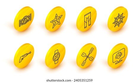 Set line Scallop sea shell, Paddle, Compass, Fishing harpoon, Ship steering wheel, Wetsuit, Starfish and Photo camera icon. Vector