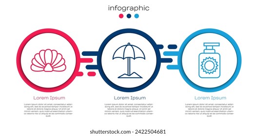 Set Linie Scallop Muschel, Sonnenschutzschirm für Strand und Sonnenschutzflasche. Infografik-Vorlage für Unternehmen. Vektorgrafik