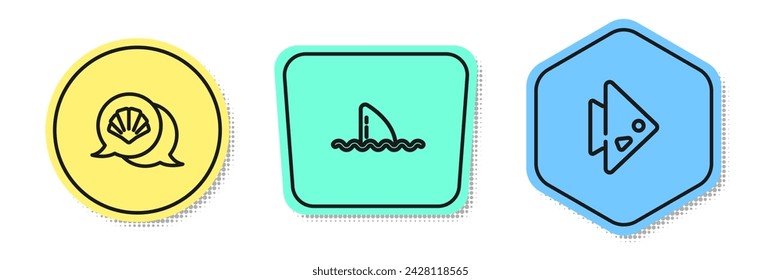 Set line Scallop sea shell, Shark fin in ocean wave and Fish. Colored shapes. Vector