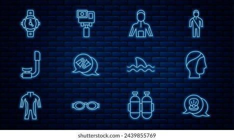 Set line Scallop sea shell, Diving hood, Wetsuit for scuba diving, Flippers swimming, Snorkel, watch, Shark and Action extreme camera icon. Vector