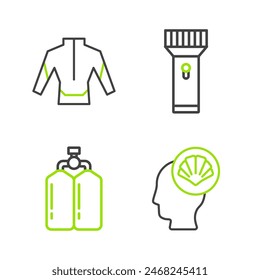 Set line Scallop sea shell, Aqualung, Flashlight and Wetsuit icon. Vector