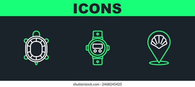 Set line Scallop sea shell, Turtle and Diving watch icon. Vector