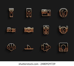 Set line Scallop sea shell, Shark fin in ocean wave, Flashlight, Fish, Life jacket, Photo camera, Diving mask and Gauge scale icon. Vector