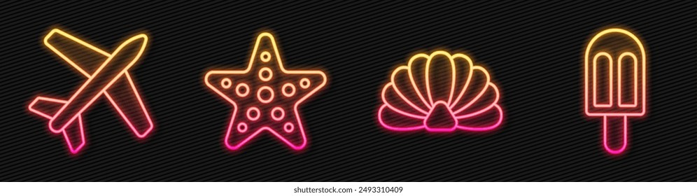 Set line Scallop sea shell, Plane, Starfish and Ice cream. Glowing neon icon. Vector