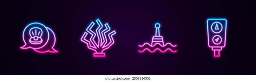Set line Scallop sea shell, Coral, Floating buoy and Gauge scale. Glowing neon icon. Vector