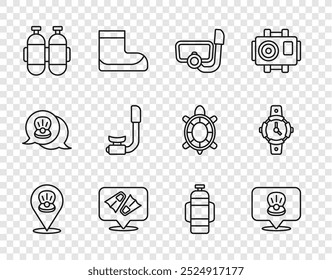 Set line Scallop sea shell, Diving mask with snorkel, Flippers for swimming, Aqualung, Snorkel,  and watch icon. Vector