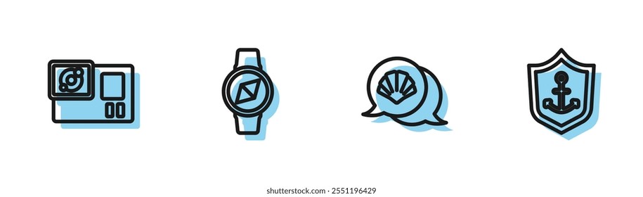 Set line Scallop sea shell, Action camera, Compass and Anchor inside shield icon. Vector