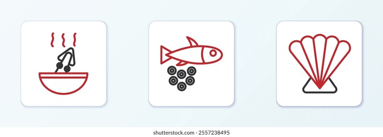Set line Scallop sea shell, Soup with octopus and Fish caviar icon. Vector