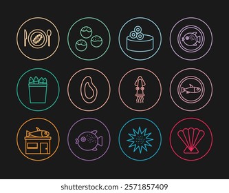 Set line Scallop sea shell, Served fish on plate, Tin can with caviar, Mussel, Fishing bucket fishes, cucumber, Octopus and Takoyaki icon. Vector