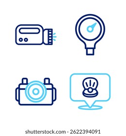 Conjunto de línea de concha de mar de vieira, cámara de fotos para buceador, escala de medidor e icono de linterna. Vector