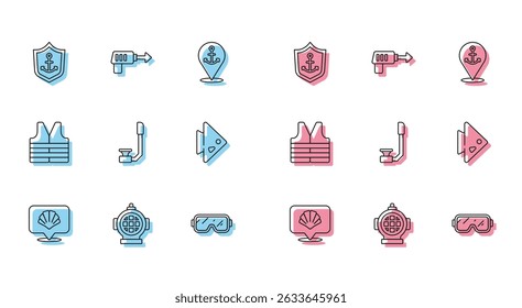 Set line Scallop sea shell, Aqualung, Anchor inside shield, Diving mask, Snorkel, Fish, Life jacket and Fishing harpoon icon. Vector