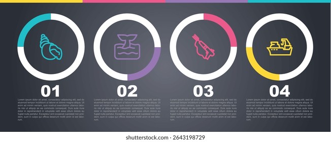 Concha de mar de festón, cola de ballena en la ola del océano, arpón de pesca y barco. Plantilla de infografía de negocios. Vector