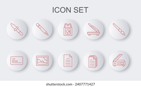 Set line Scanner, Business card, Paper shopping bag, File document, Pipette, Pencil with eraser, Picture landscape and  icon. Vector