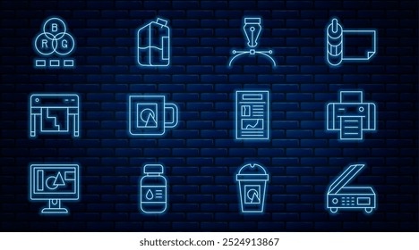 Escáner, impresora, pluma de la fuente, taza de café, trazador, mezcla del color del RGB, Noticias y icono de la botella de tinta. Vector