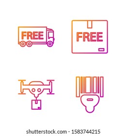 Set line Scanner scanning bar code , Delivery drone with the package , Free delivery service  and Cardboard box with free symbol . Gradient color icons. Vector