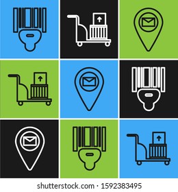 Set line Scanner scanning bar code , Placeholder on map paper and Electric hand truck and boxes  icon. Vector