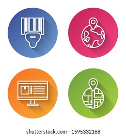 Set line Scanner scanning bar code , Worldwide , Computer monitor with app delivery tracking  and Placeholder on map paper in perspective . Color circle button. Vector