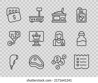 Set line Scanner scanning bar code, Shopping list, Tin with caviar, Steak meat, New price tag dollar, cart on computer, Coin money and Spice icon. Vector