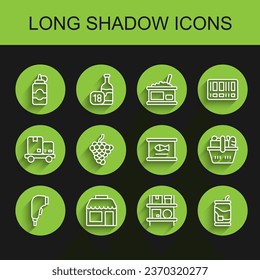 Set line Scanner scanning bar code, Market store, Sauce bottle, Warehouse interior with boxes, Soda, Grape fruit, Shopping basket and food and Canned fish icon. Vector