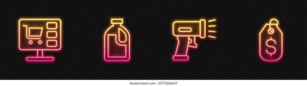 Set line Scanner scanning bar code, Shopping cart on computer, Bottle for cleaning agent and Price tag with dollar. Glowing neon icon. Vector
