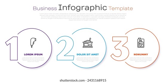 Set line Scanner scanning bar code, Tin with caviar and Bottle of olive oil. Business infographic template. Vector