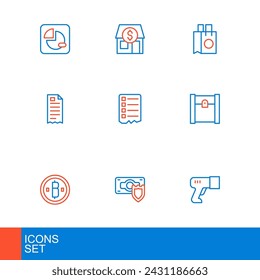 Set line Scanner scanning bar code, Money with shield, Cryptocurrency coin Bitcoin, Paper shopping bag, Financial check, Shopping list,  and Market store icon. Vector