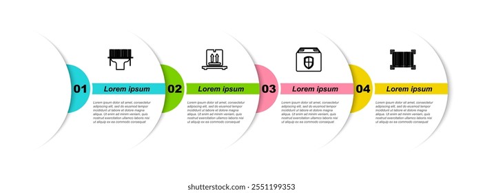 Set line Scanner scanning bar code, Cardboard boxes on pallet, Delivery security shield and Barcode. Business infographic template. Vector