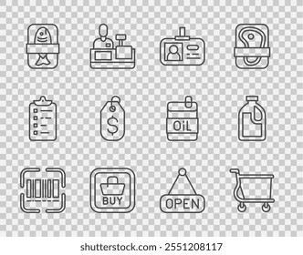 Set line Scanner scanning bar code, Shopping cart, Identification badge, Buy button, Fish plastic tray container, Price tag with dollar, Hanging sign Open and Bottle for cleaning agent icon. Vector