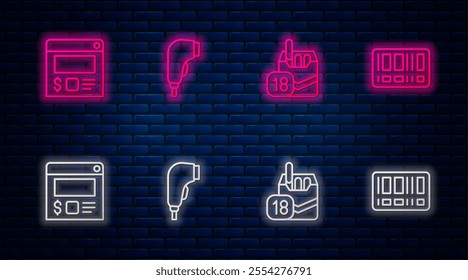 Set line Scanner scanning bar code, Cigarettes pack box, Online ordering and delivery and Barcode. Glowing neon icon on brick wall. Vector