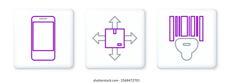 Set line Scanner scanning bar code, Mobile phone with app delivery tracking and Cardboard box traffic symbol icon. Vector